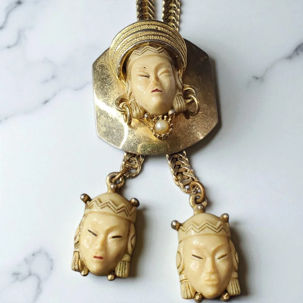 SELRO SELINI Vintage Asian Princess Mask Lariat Slider Necklace - Picture 3 of 3